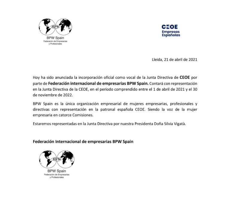 BPW Spain ya forma parte de la Junta Directiva de CEOE
