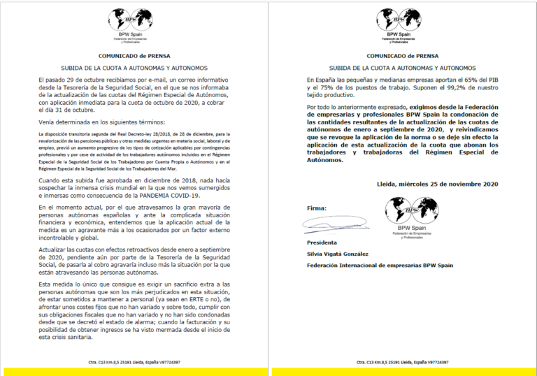 La Federación de empresarias y profesionales BPW Spain lanza hoy un comunicado de prensa